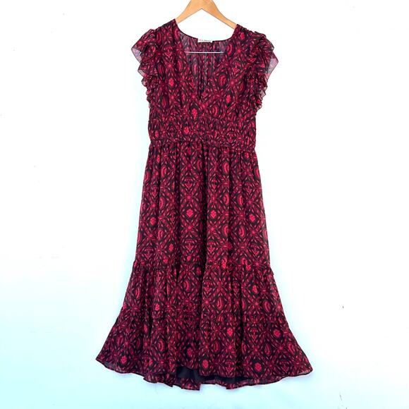 Ulla Johnson Anika Ruffle Midi Dress Red Fuchsia Dress Floral 10 Silk - Picture 5 of 11